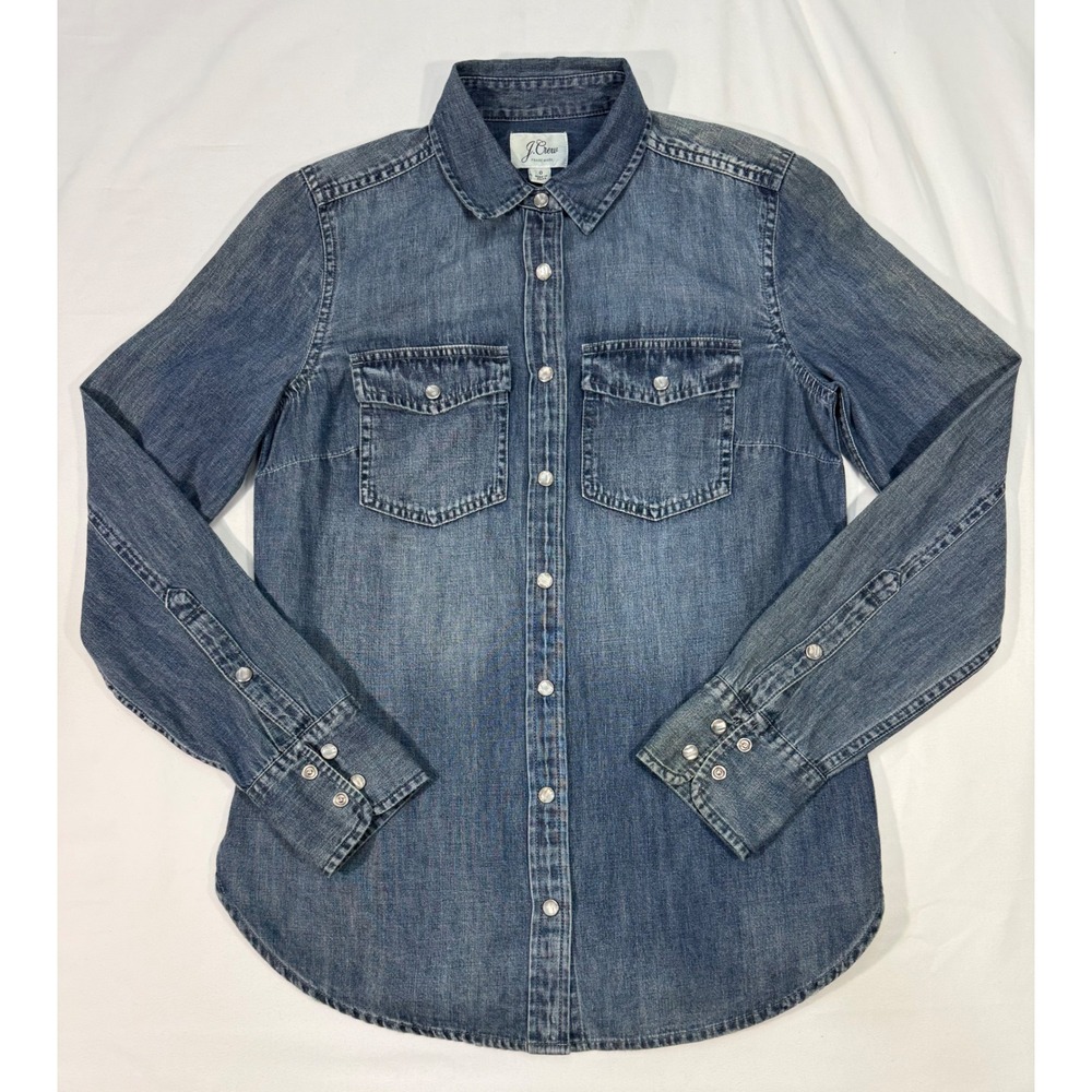 J.Crew Womens Medium Wash Denim Western Pearl Snap Shirt Size 0 Indigo Blue